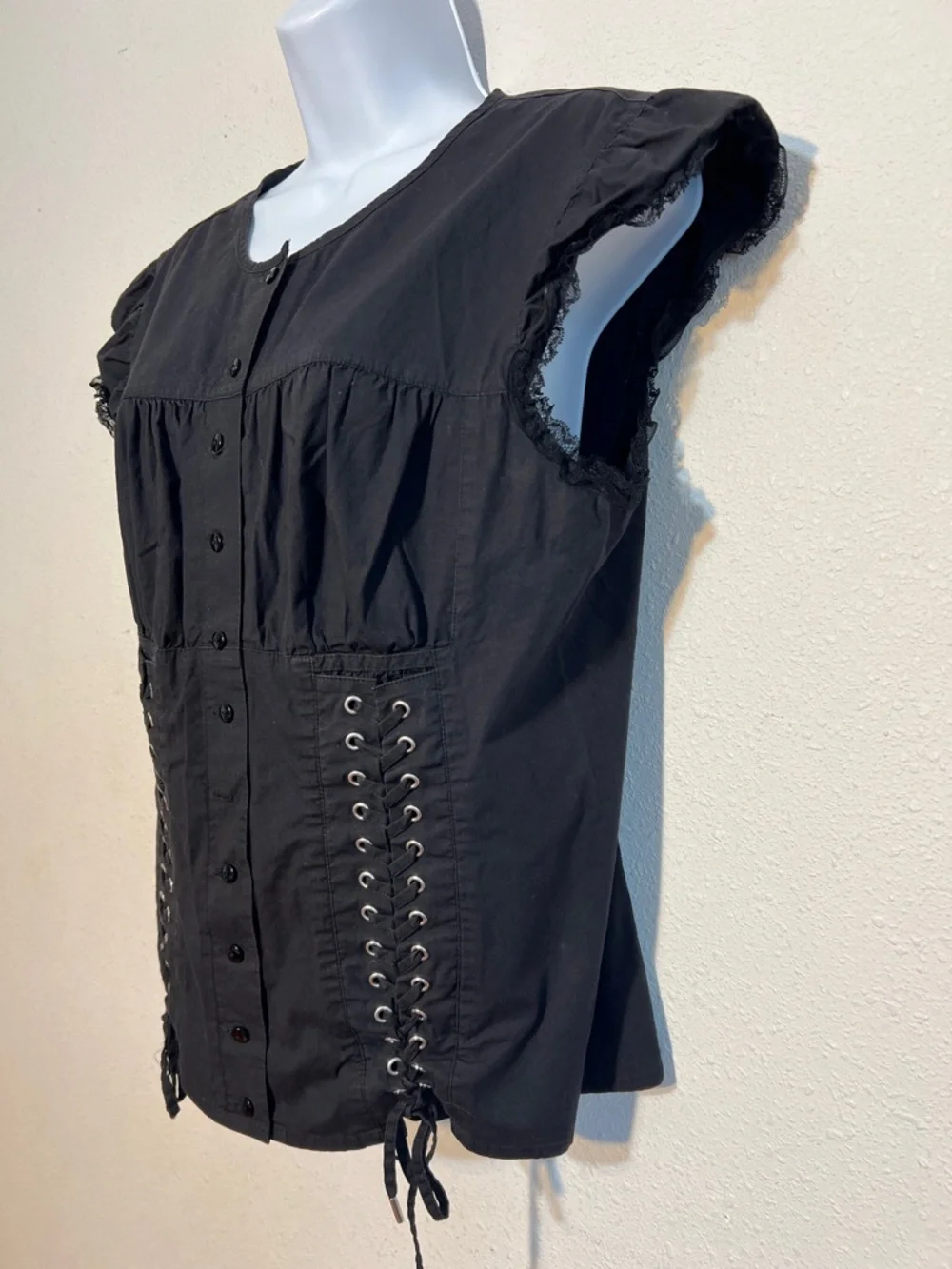 Moda International Black Lace-Trim Button Front Blouse with Corset Lacing Large - Picture 5 of 12